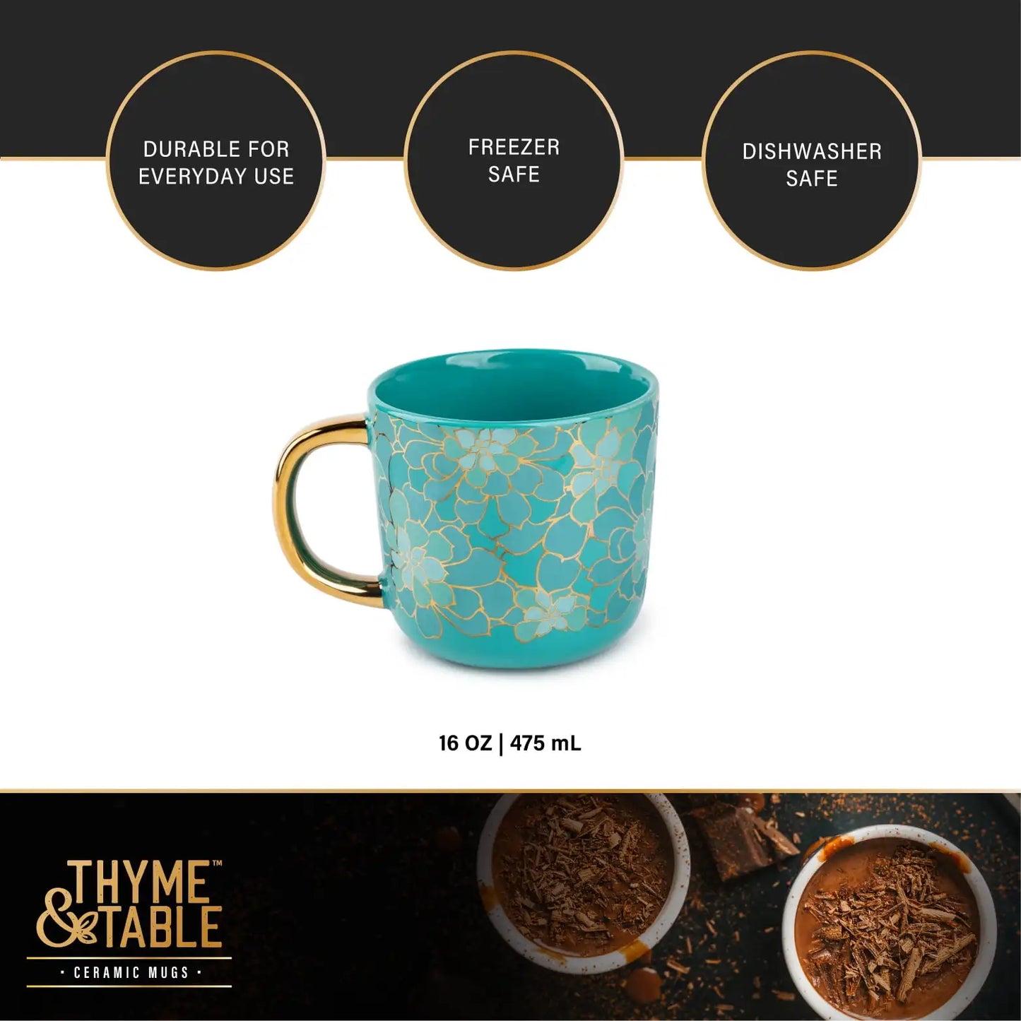 16oz Teal Coffee Mug with Succulent Design