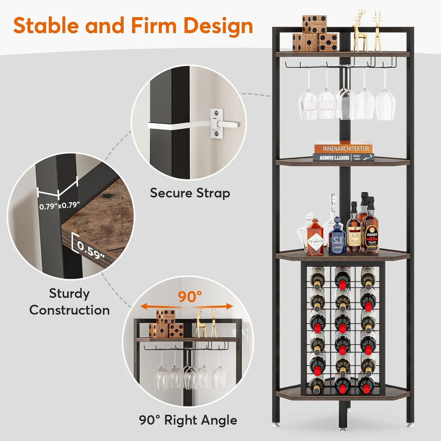 Wine Rack Bar Cabinet 4 Tier Corner Shelf with Glass Holder