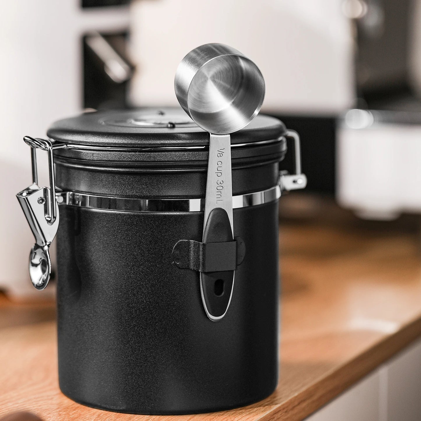 Stainless Steel Airtight Coffee Container with CO2 Valve & Measuring Spoon for Fresh Coffee