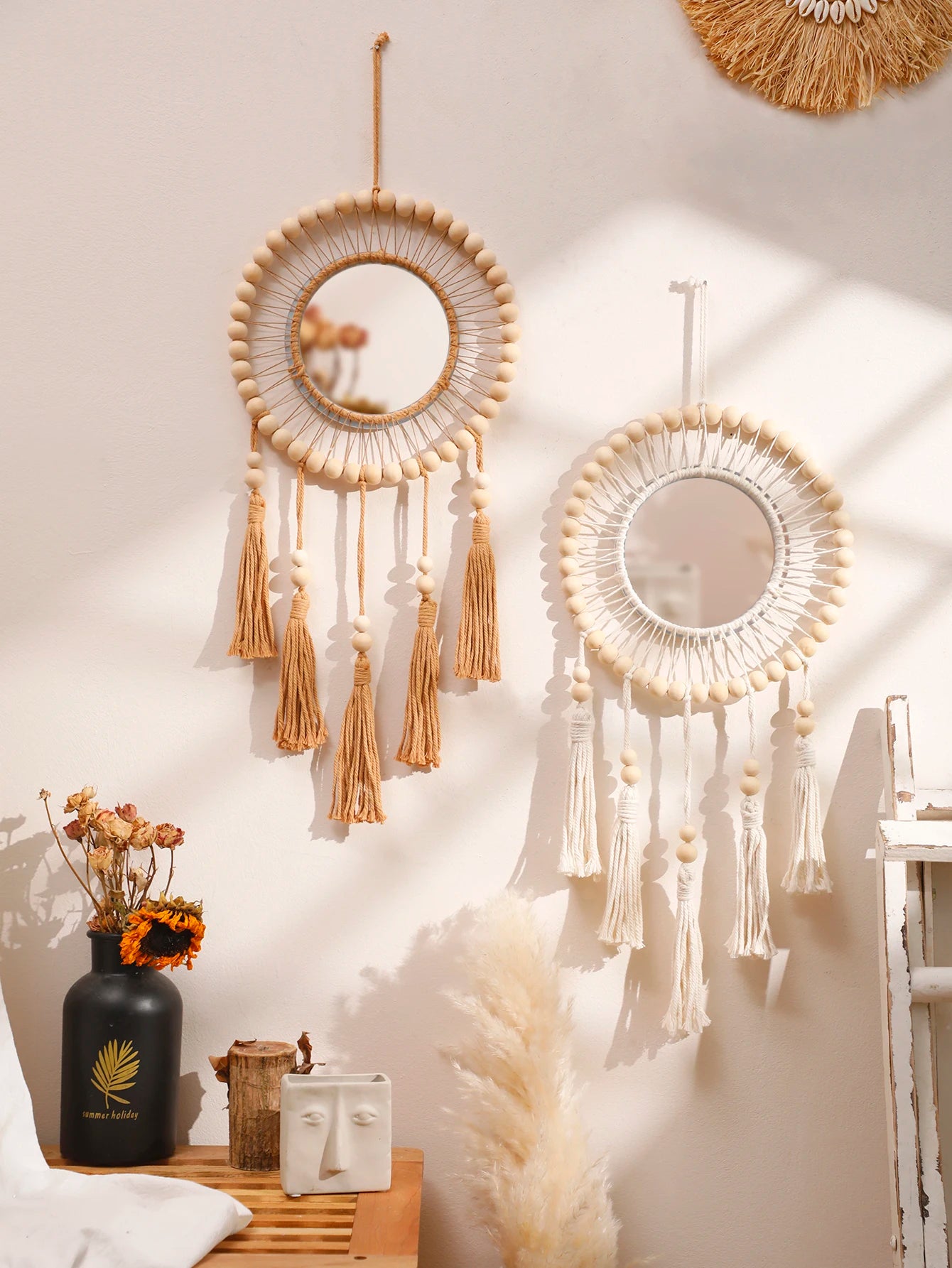 Hand Woven Wooden Beads Decorative Mirrors