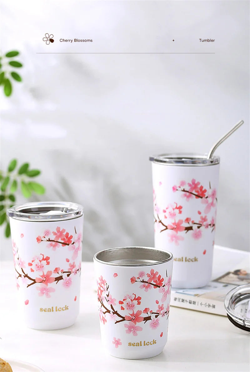 Cherry Blossom Thermal Coffee Cup with Lid