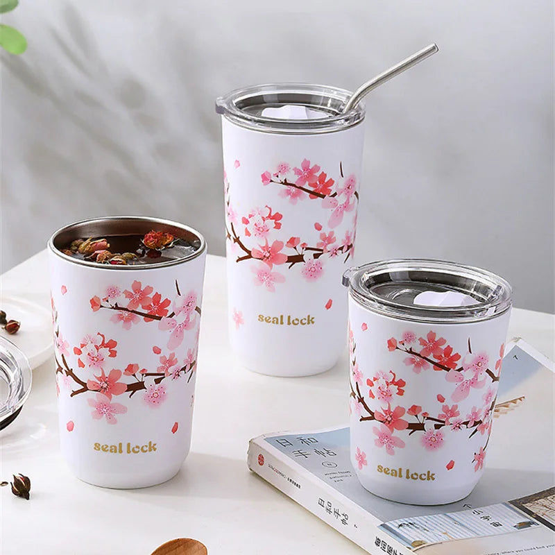 Cherry Blossom Thermal Coffee Cup with Lid