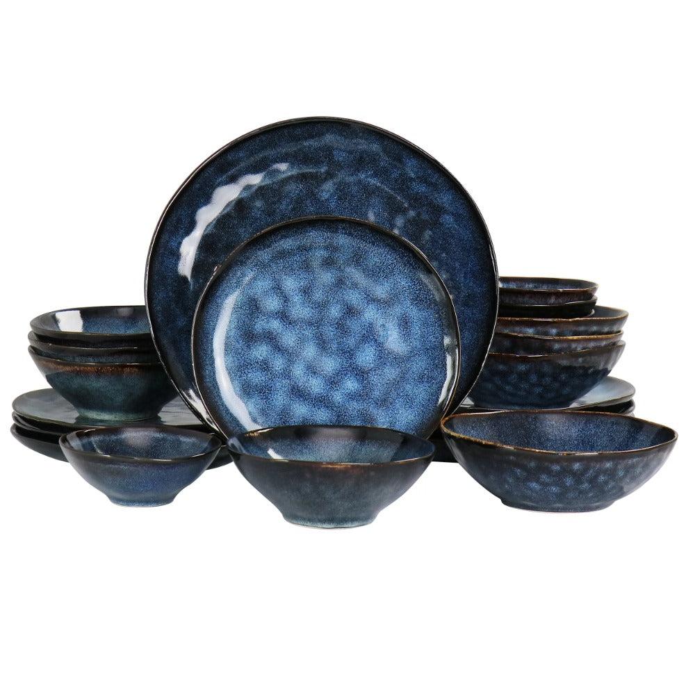 Short Round Stoneware Dinnerware Set Blue Food Plate Triple Bowl