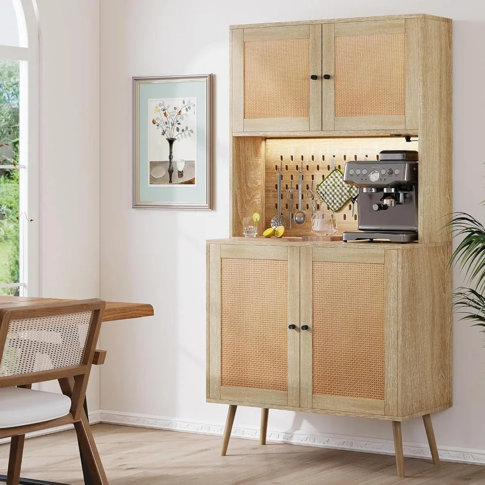 Rattan Kitchen Pantry Storage Cabinet with Power Outlets & LED Lights