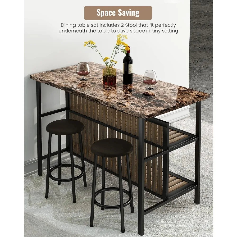 3 Piece Counter Height Dining Table with Storage Shelves