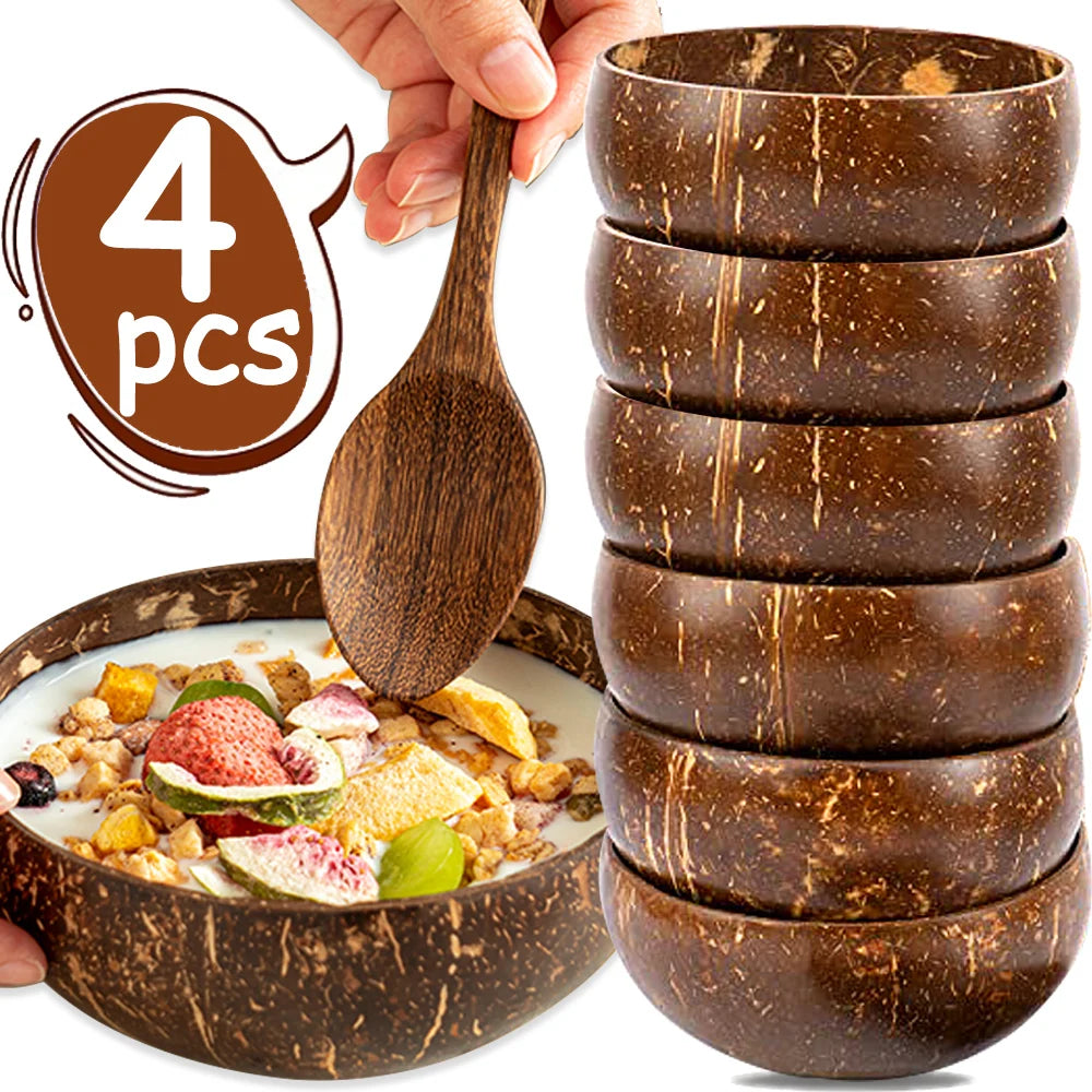 Natural Coconut Bowl Dinner Set Handmade Wooden Tableware Wood Spoon