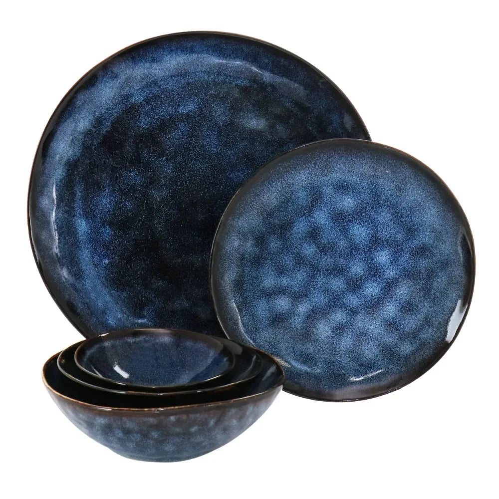 Short Round Stoneware Dinnerware Set Blue Food Plate Triple Bowl