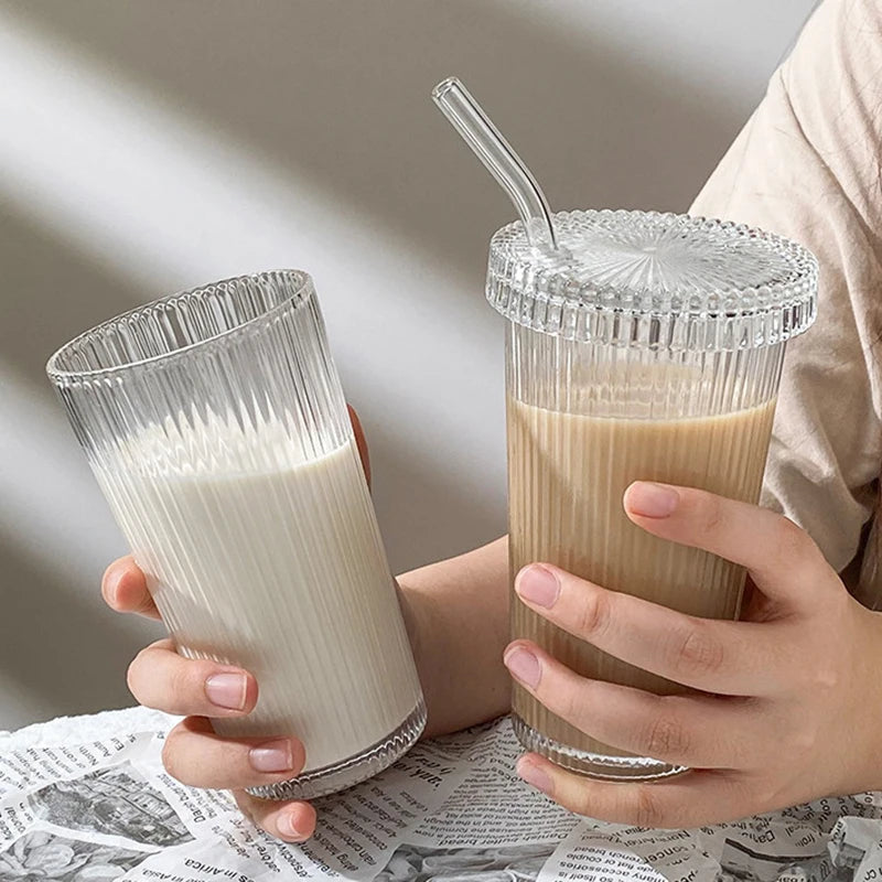 Transparent Stripe Glass Cup with Lid and Straw