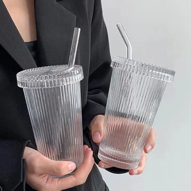 Transparent Stripe Glass Cup with Lid and Straw