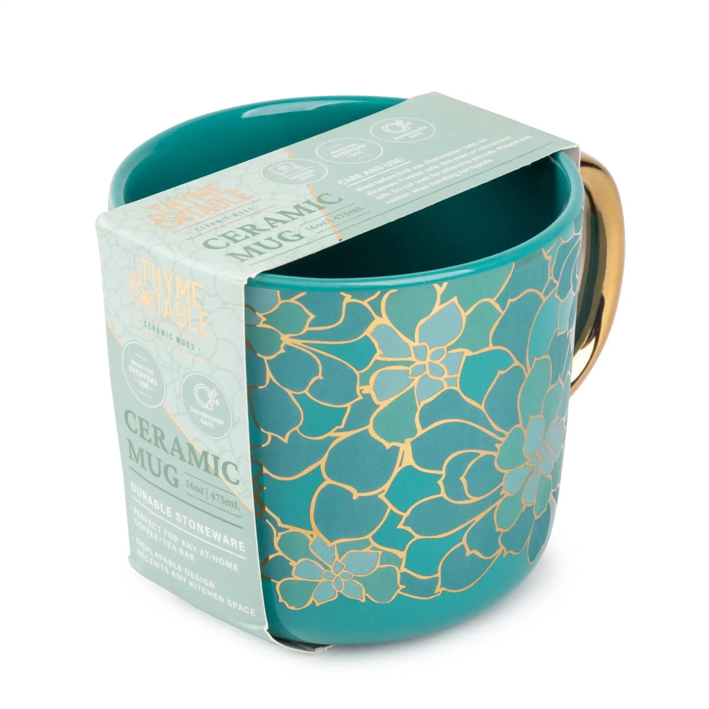 16oz Teal Coffee Mug with Succulent Design