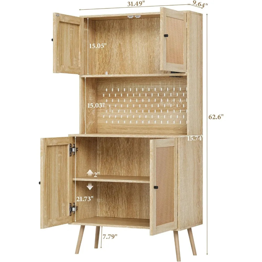 Rattan Kitchen Pantry Storage Cabinet with Power Outlets & LED Lights