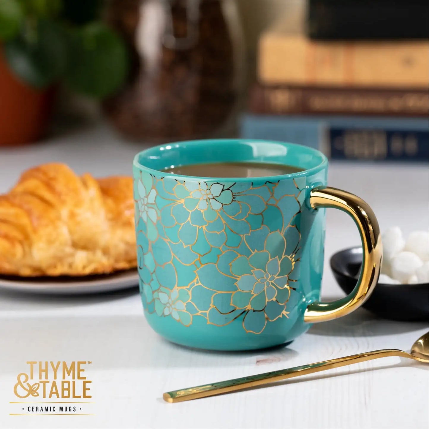 16oz Teal Coffee Mug with Succulent Design