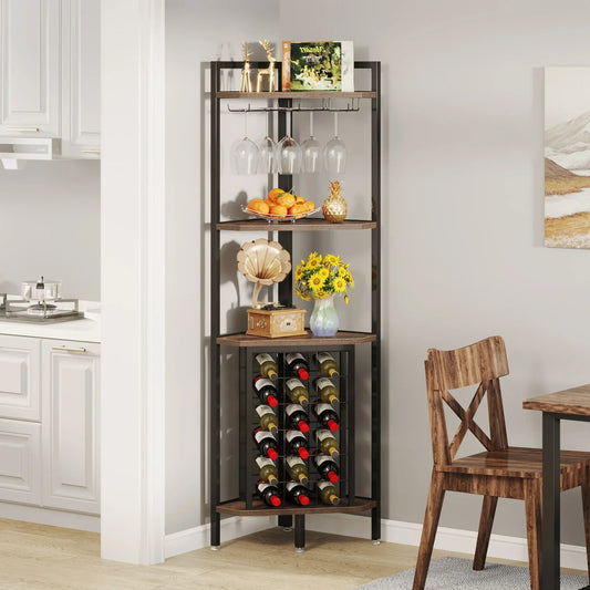 Wine Rack Bar Cabinet 4 Tier Corner Shelf with Glass Holder