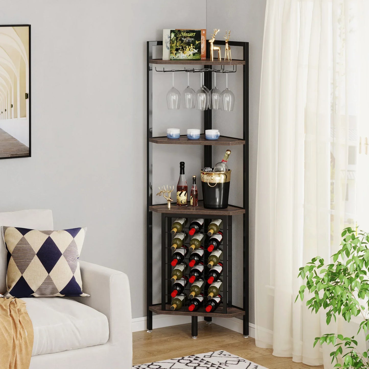 Wine Rack Bar Cabinet 4 Tier Corner Shelf with Glass Holder