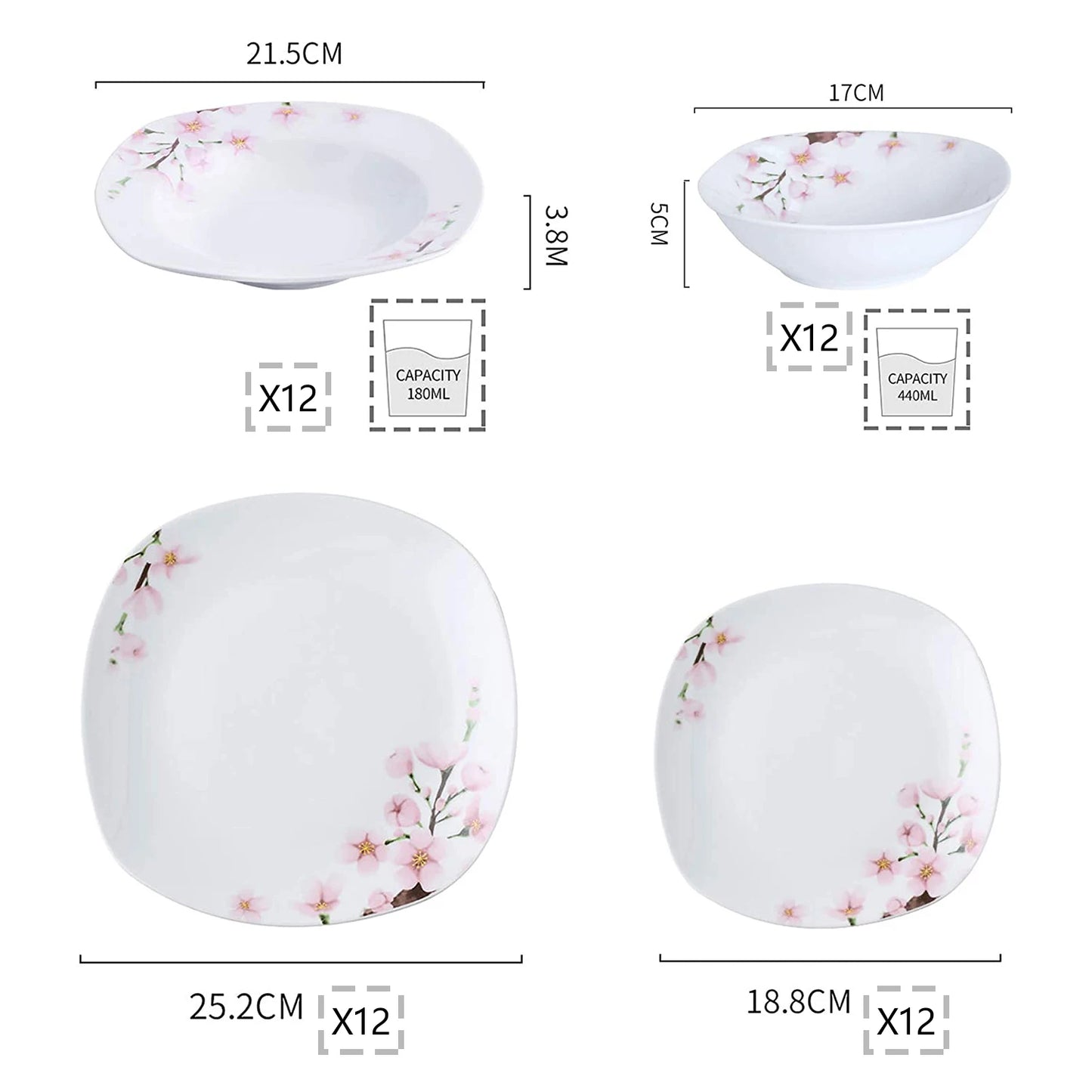 48-Piece Porcelain Ceramic Tableware Dinner Plate Set for 12 Person