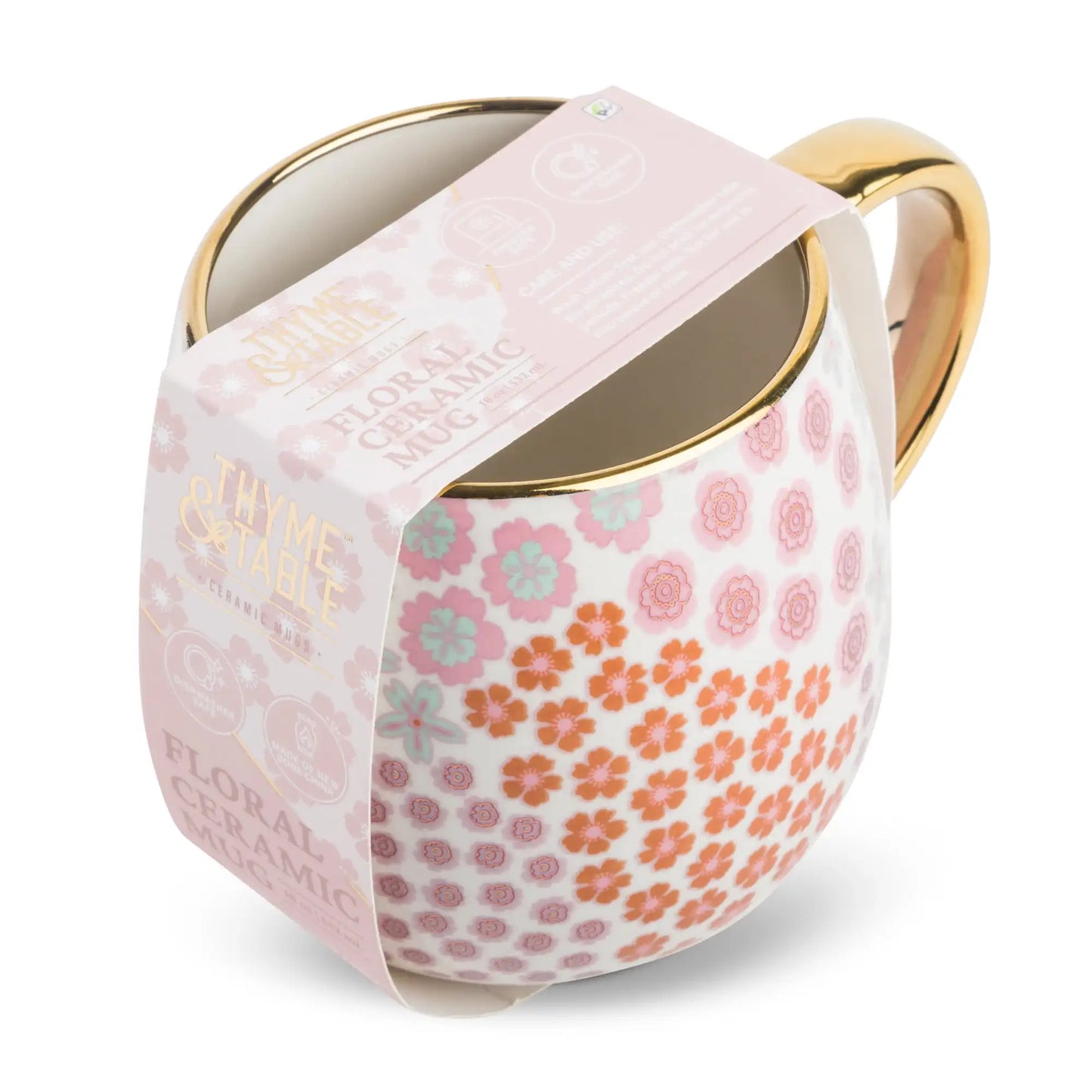 Gold Floral Stoneware Coffee Mug 16oz